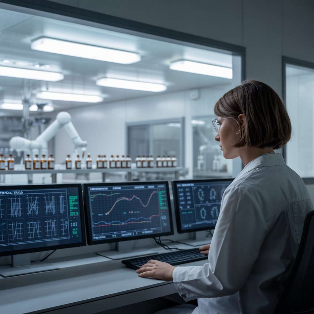 A woman in a lab coat works on a computer in a pharmaceutical facility design setting