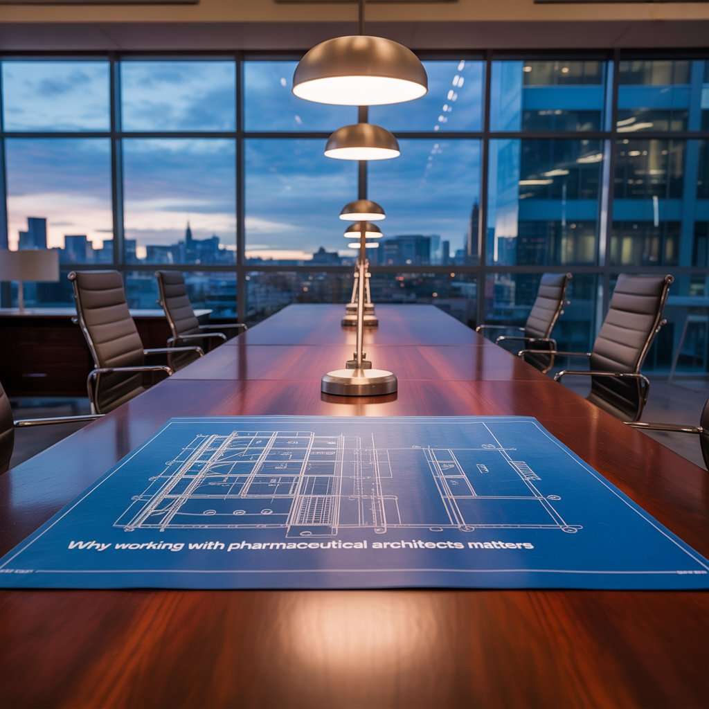 A table featuring a blue blueprint, illustrating the value of engaging with pharmaceutical architects in design projects.