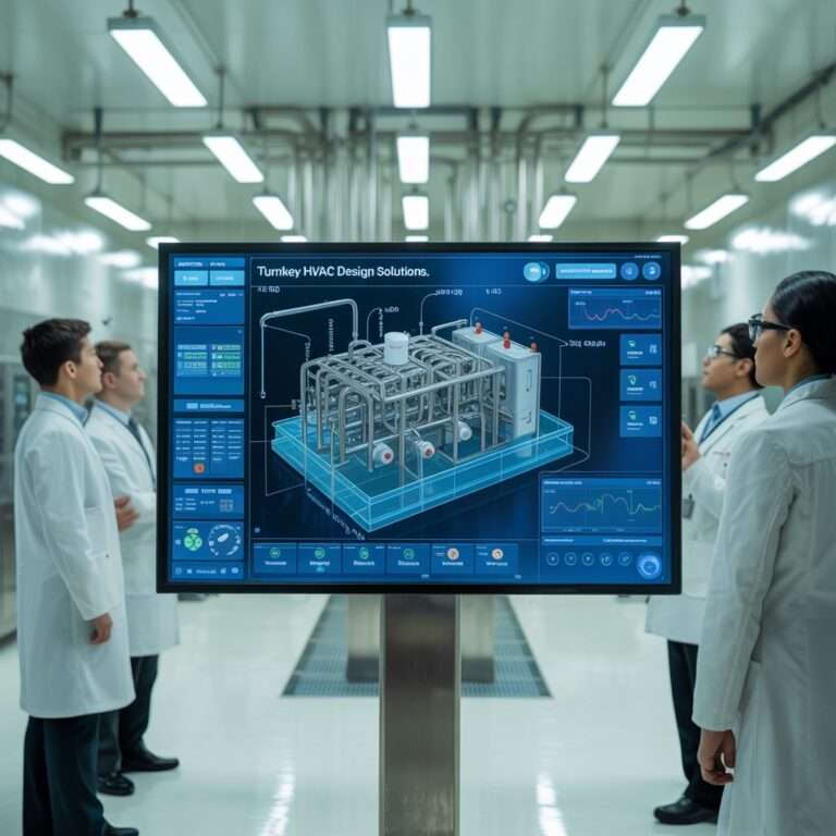 Engineers analyzing a digital HVAC system design on a large screen inside a pharmaceutical cleanroom — showcasing JD Pharma Consultancy’s Turnkey HVAC Design Solutions for Pharma and Biotech Plants, ensuring energy-efficient and GMP-compliant facility design.