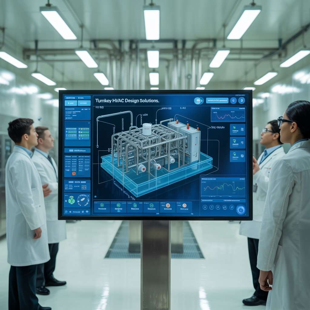 A group of professionals in lab coats examines a large screen, discussing HVAC design solutions for pharma and biotech plants.