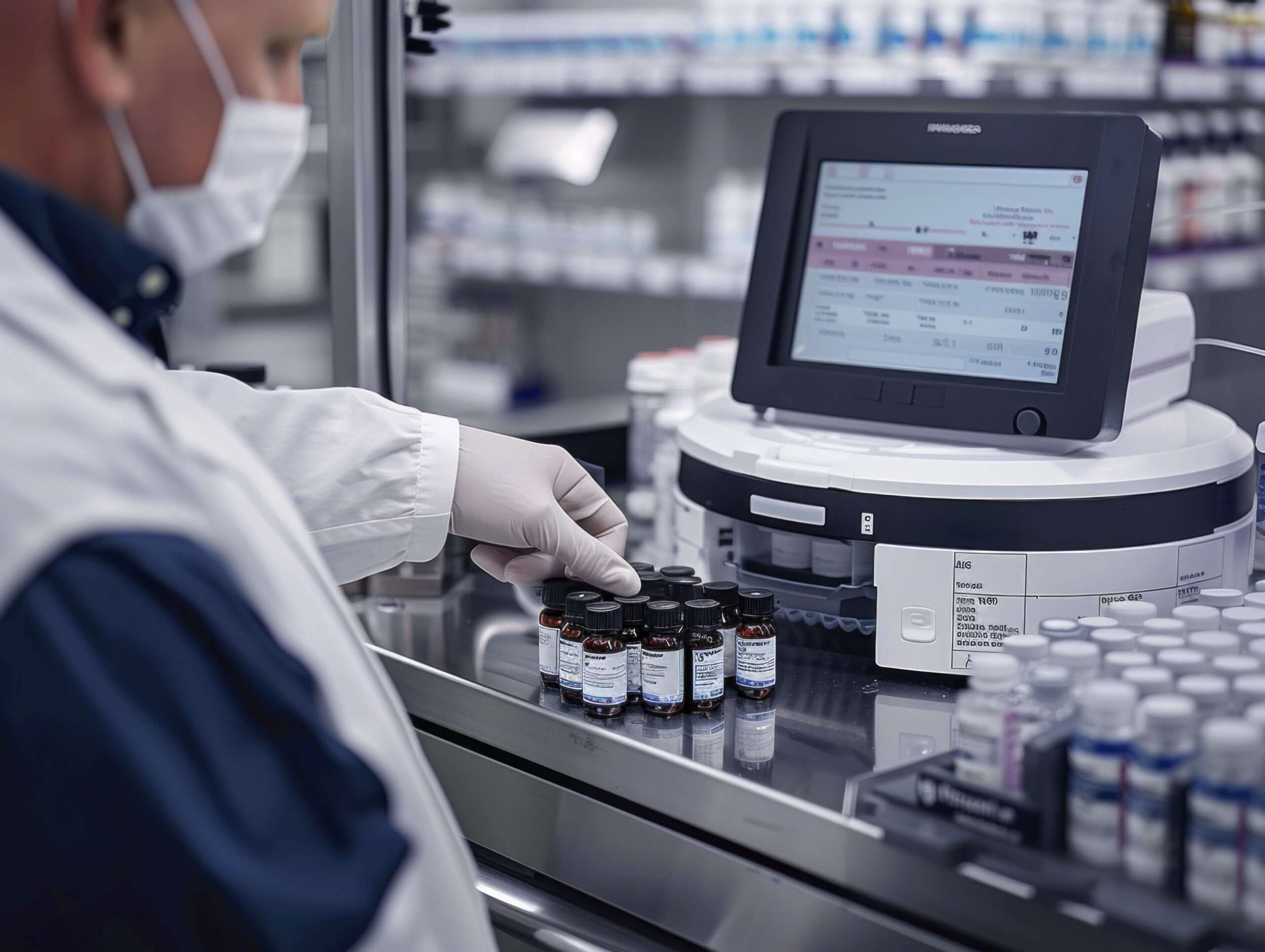 A laboratory professional wearing protective gloves and a mask handles pharmaceutical vials next to an automated analysis system in a modern pharma lab.