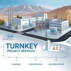 Turnkey project services in Afghanistan infographic showing pharma plant setup, design, construction, equipment installation, and compliance support for pharmaceutical industry.
