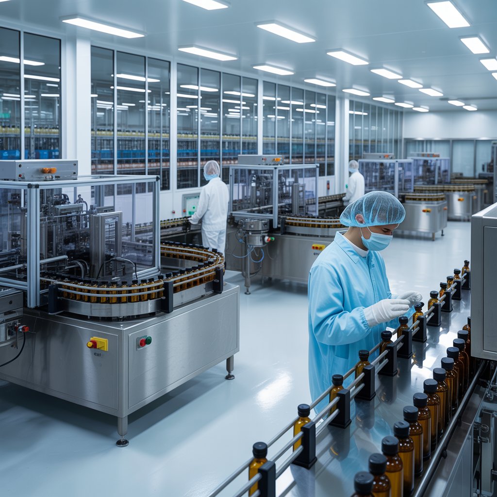 Modern pharmaceutical manufacturing facility showing automated pharma production equipment used in starting a pharma manufacturing company.