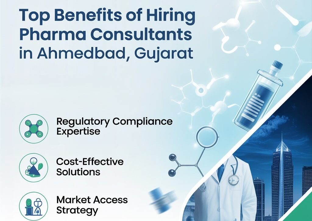 Infographic showing benefits of hiring pharma consultants in Ahmedabad for GMP compliance, regulatory approvals, and business growth