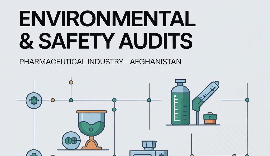 Infographic showing environmental and safety audit process in pharmaceutical industry in Afghanistan including compliance checks, risk assessment, and regulatory standards.