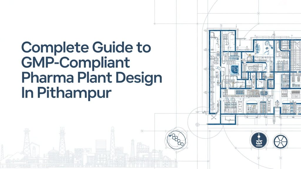 GMP-compliant pharma plant design layout in Pithampur showcasing cleanroom, production flow, and regulatory standards