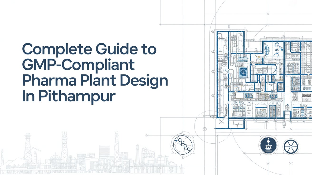 GMP-compliant pharma plant design layout in Pithampur showcasing cleanroom, production flow, and regulatory standards