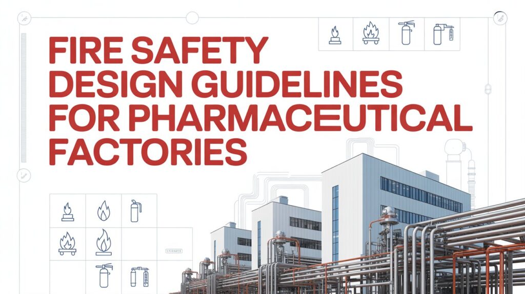 Technical manual cover illustrating Fire Safety Design Guidelines for Pharmaceutical Factories with fire protection systems layout and compliance framework.
