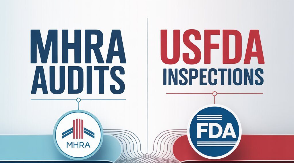 “Infographic comparing MHRA audits and USFDA inspections, highlighting differences in regulatory approach, documentation requirements, and compliance expectations for pharmaceutical companies.”