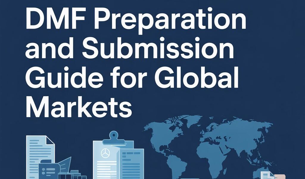 DMF preparation and submission process infographic showing steps for pharmaceutical documentation, regulatory compliance, and global market filing
