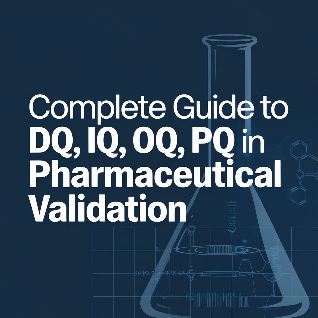 Professional illustration of pharmaceutical validation processes showing DQ, IQ, OQ, and PQ stages with lab equipment and quality assurance workflow.
