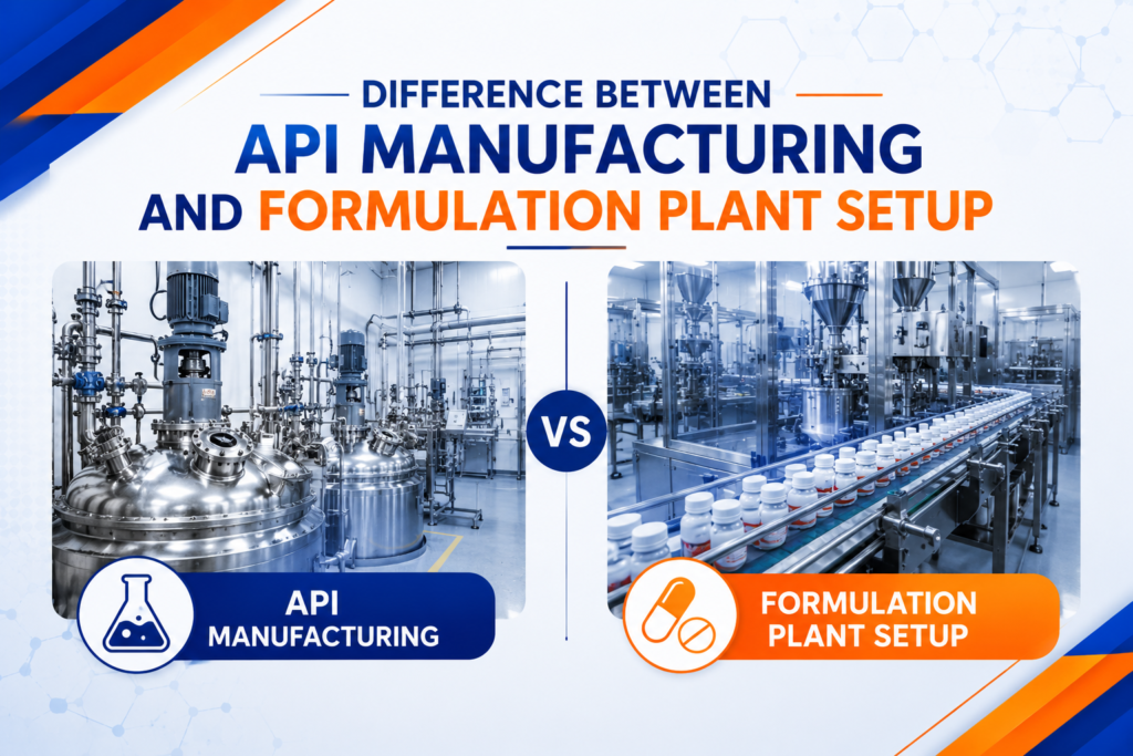 Difference between API manufacturing and formulation plant setup showing facility design, production processes, equipment requirements, GMP compliance, and plant layout comparison.