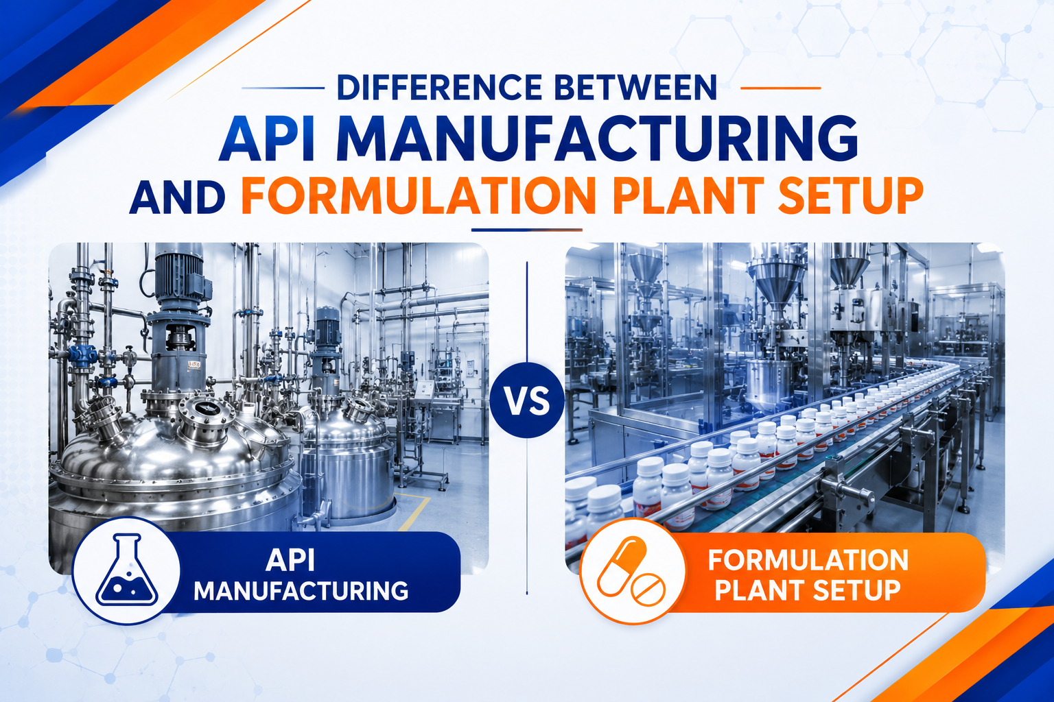 Difference between API manufacturing and formulation plant setup showing facility design, production processes, equipment requirements, GMP compliance, and plant layout comparison.