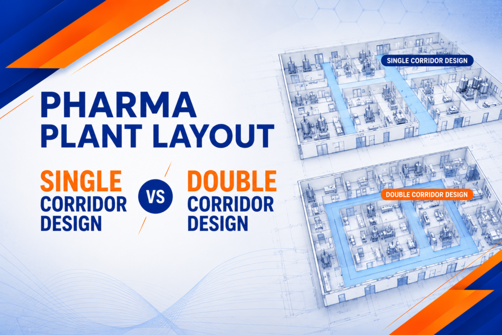 Pharmaceutical Plant Layout showing GMP-compliant facility design with production areas, material flow, cleanrooms, utilities, and quality control zones for pharmaceutical manufacturing.